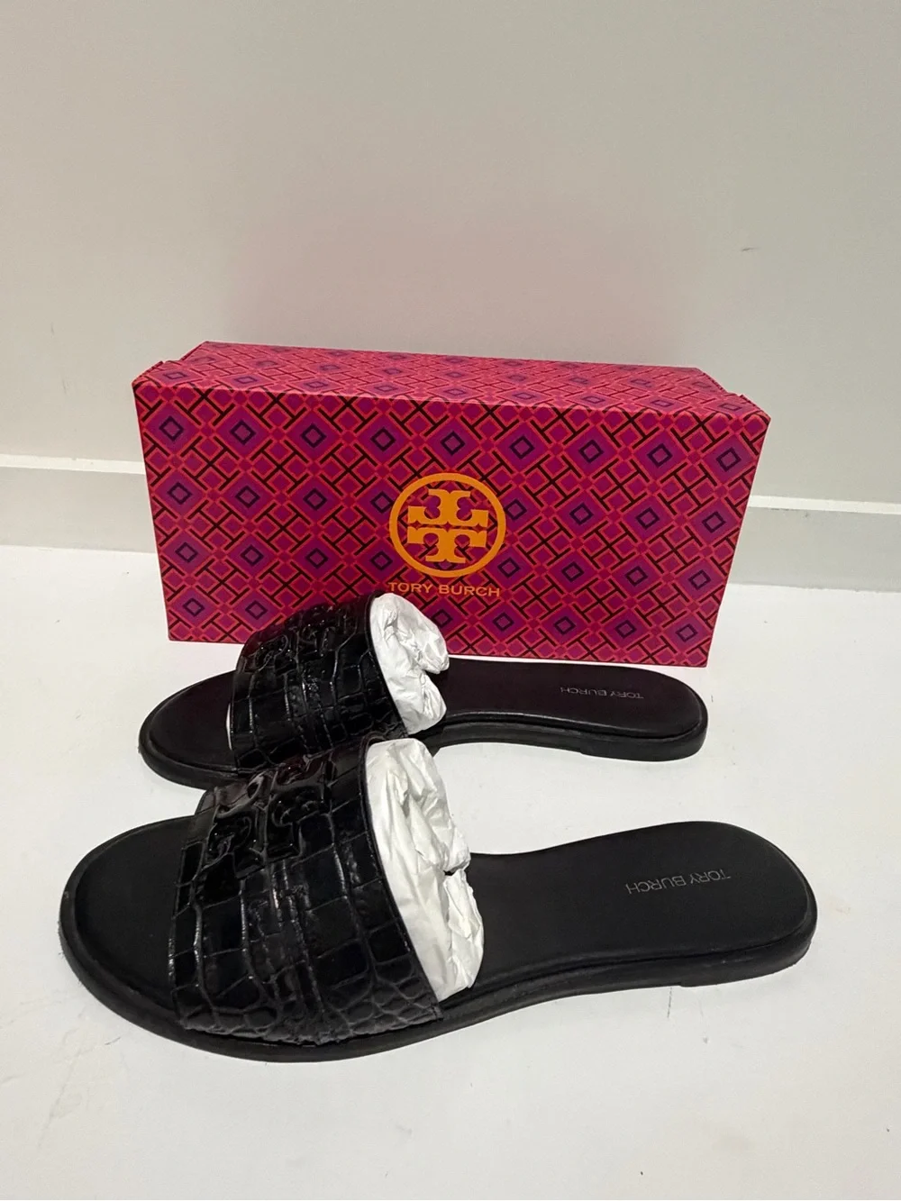 Tory Burch Black Croc-Embossed Slide Mules